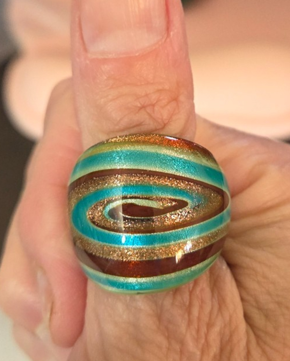 Aqua Green Glass Ring Gold Brown Swirl Statement Cocktail Ring Size 7.75 #EA3